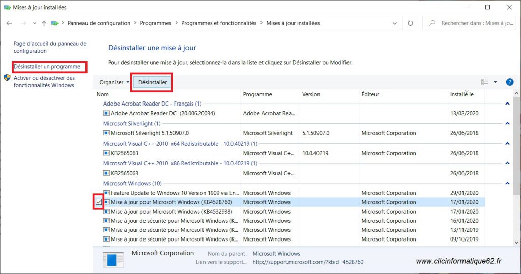 désinstaller mise a jour windows-10 étape 2